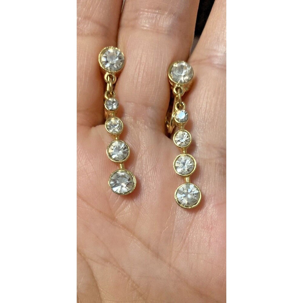 Trifari Vintage Clip Earrings Rhinestone Crystal Dangle Gold Tone Signed